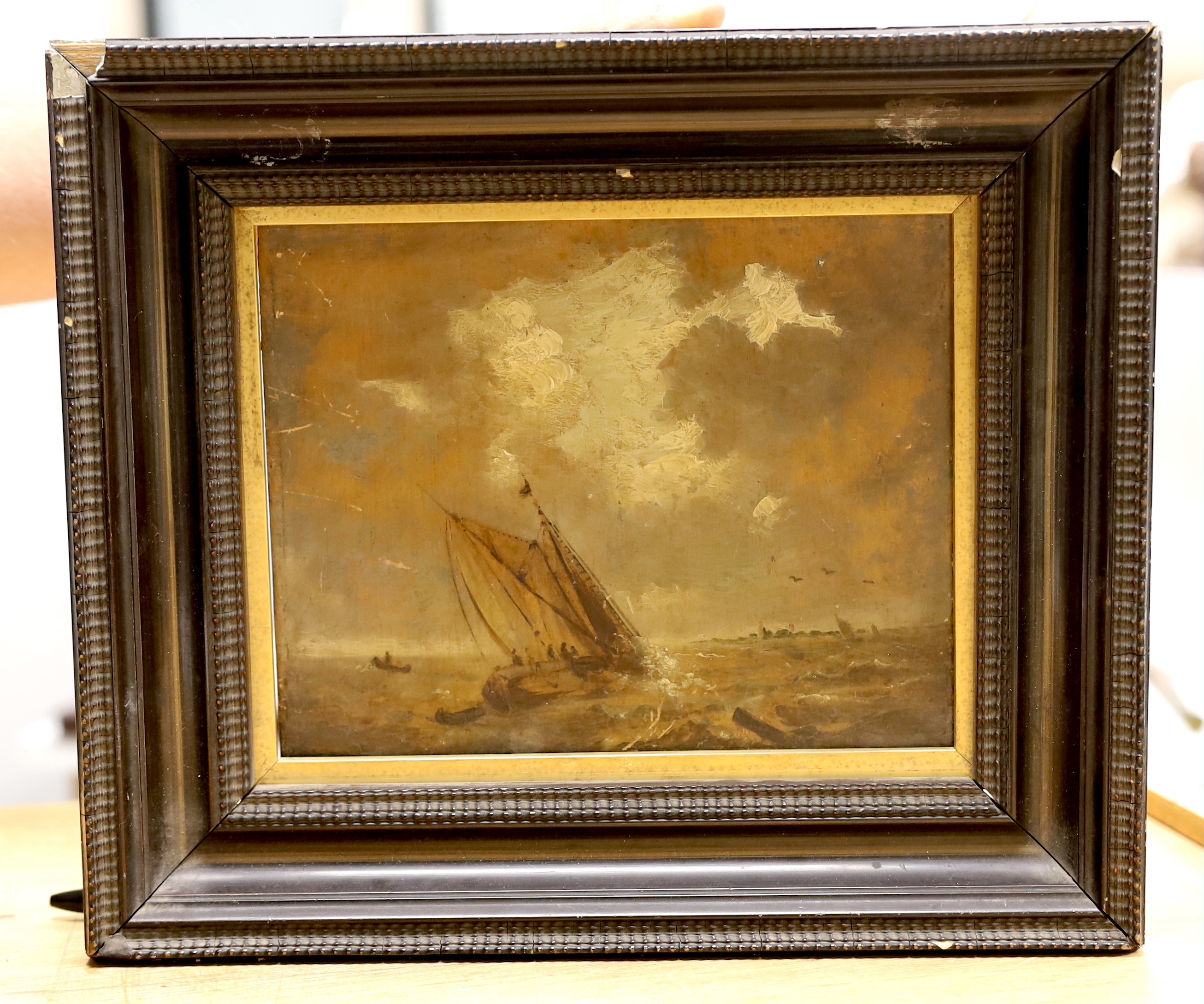 Victorian School, oil on wood panel, Boats at sea, 20.5cm x 18cm